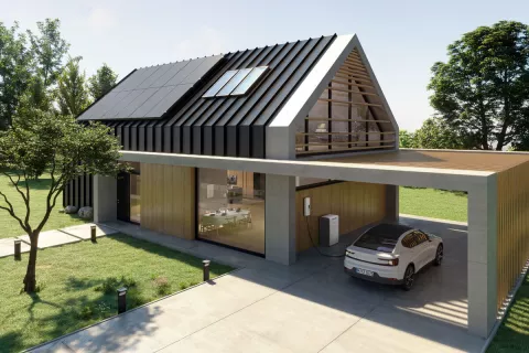 Ein modernes Haus mit Solaranlage und E-Auto im Carport, das gerade mit Solarstrom geladen wird.